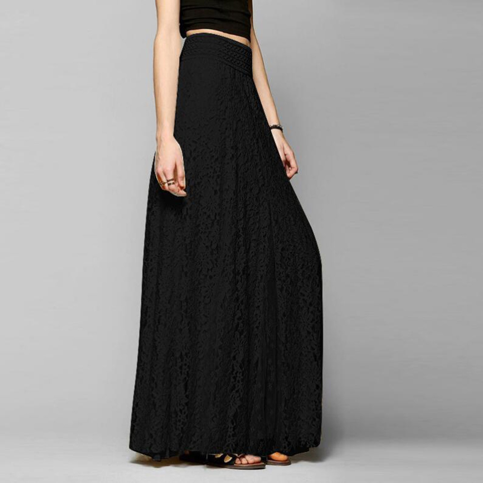 Elegant Lace Skirts Women Double Lace Layer Chiffon Pleated Long Maxi Skirt Elastic Waist Floral Ankle-length Long Skirt Faldas