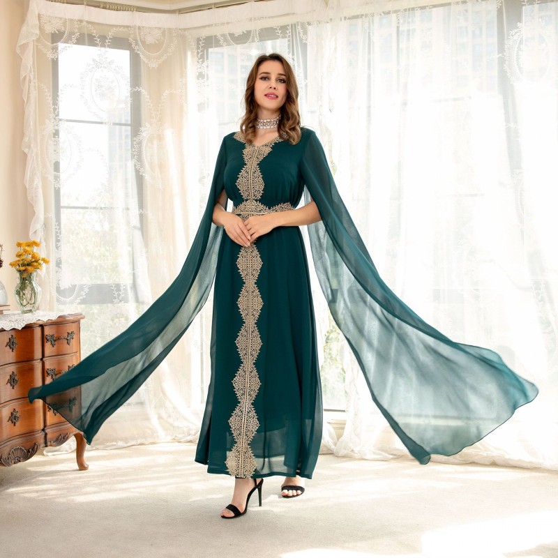 High  Elegant Dubai Ladies Shawl Sleeve Lace Chiffon Maxi Dress  Moroccan Women Party Evening Gowns Robe Vestidos