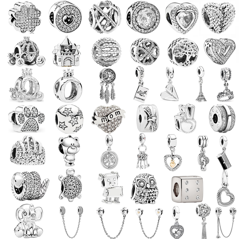 Silver Color Feather Crown Safety Chain Owl Love Beads Tower Pendant Fit Pandora Charms Bracelets DIY Women Original Jewelry