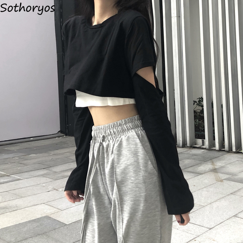 Long Sleeve T-shirts Women Patchwork Loose Crop Tops Girls Casual Simple All-match Spring Ladies Chic Tees Camis Sets 2pecs