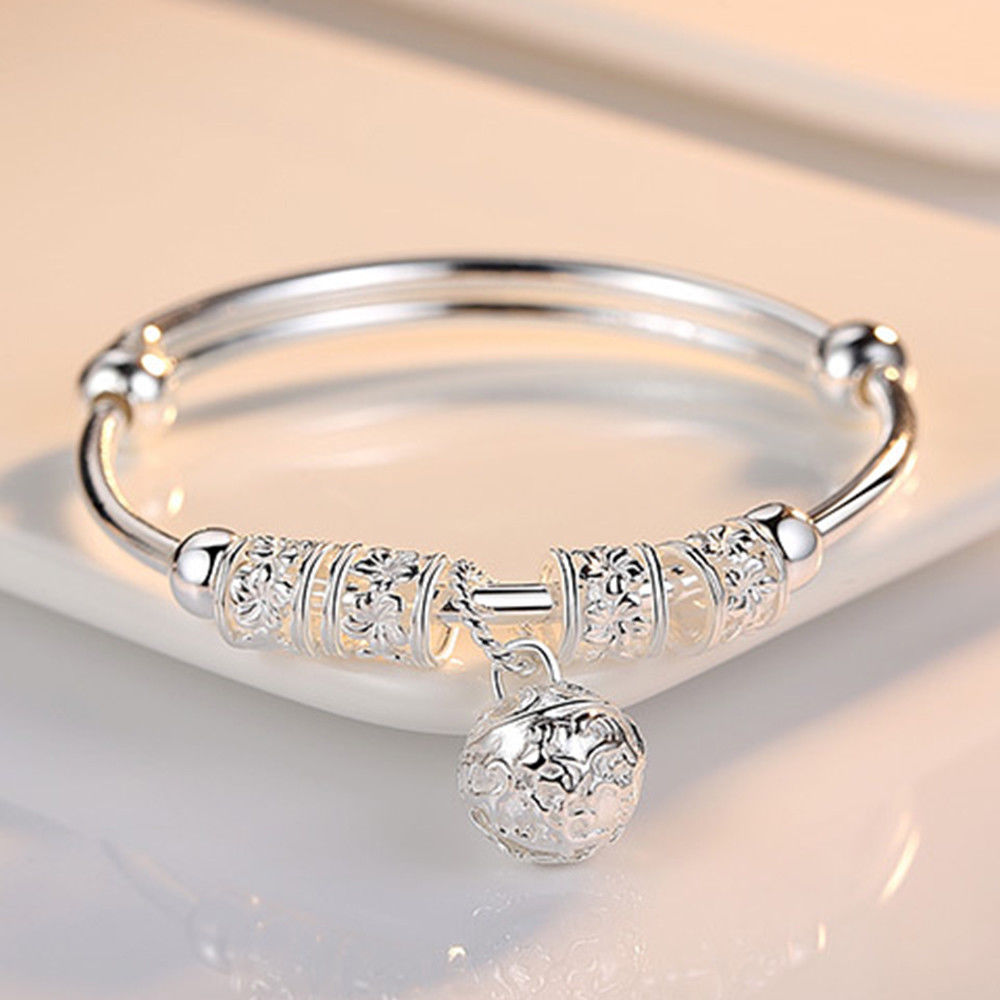 Fine 925 Sterling Silver hollow Bells ball bangles adjustable Bracelets for Women  Holiday gifts Party wedding Jewelry