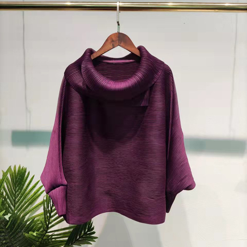 Miyake Pleated  Spring Solid Color Top Lapel Loose Large Size Bat Sleeves Designer Polo Collar Aesthetic Clothes