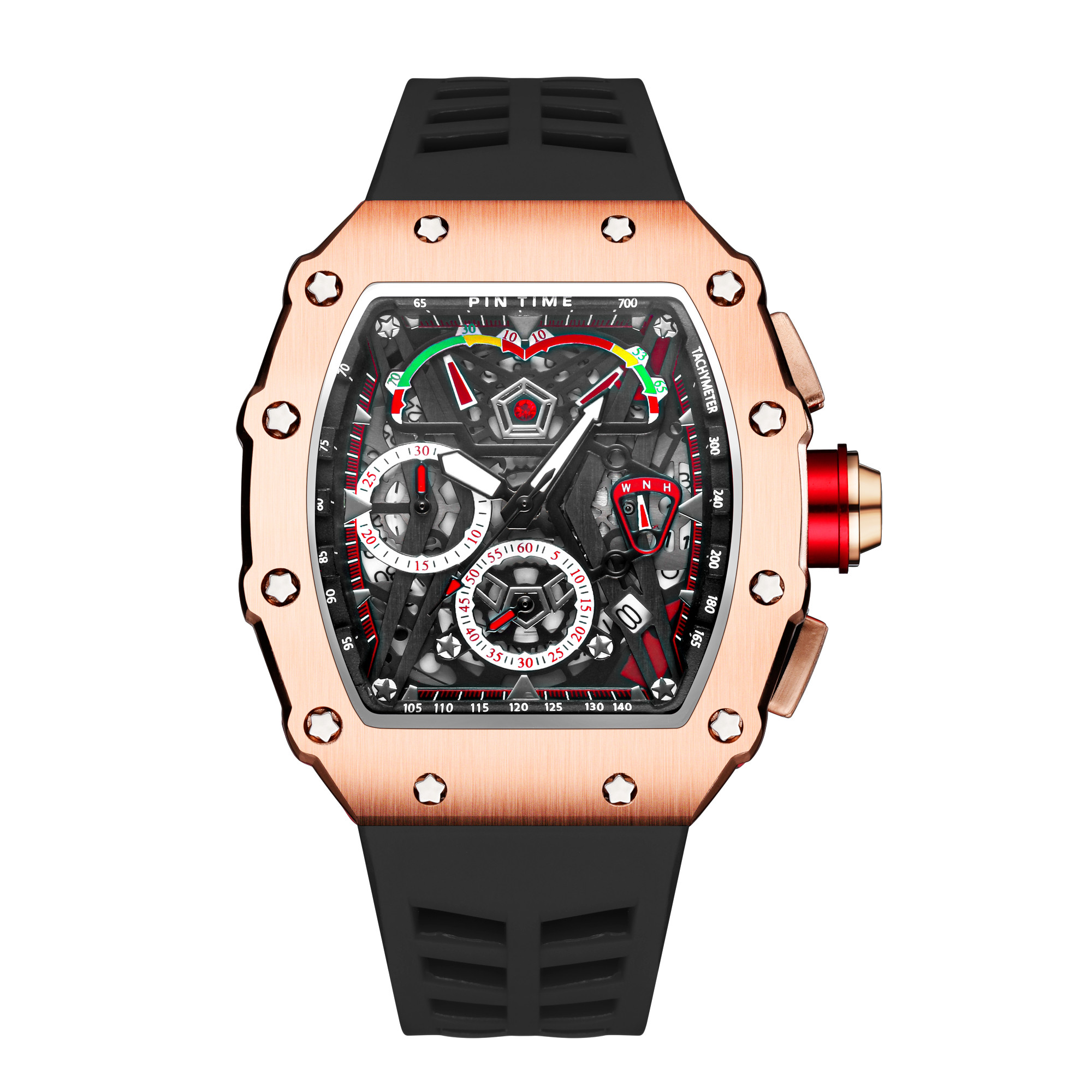 PINTIME Casual Men  Sport Rose Gold Watch Chronograph Function Stopwatch Rubber Strap Auto Date Male  Wristwatch