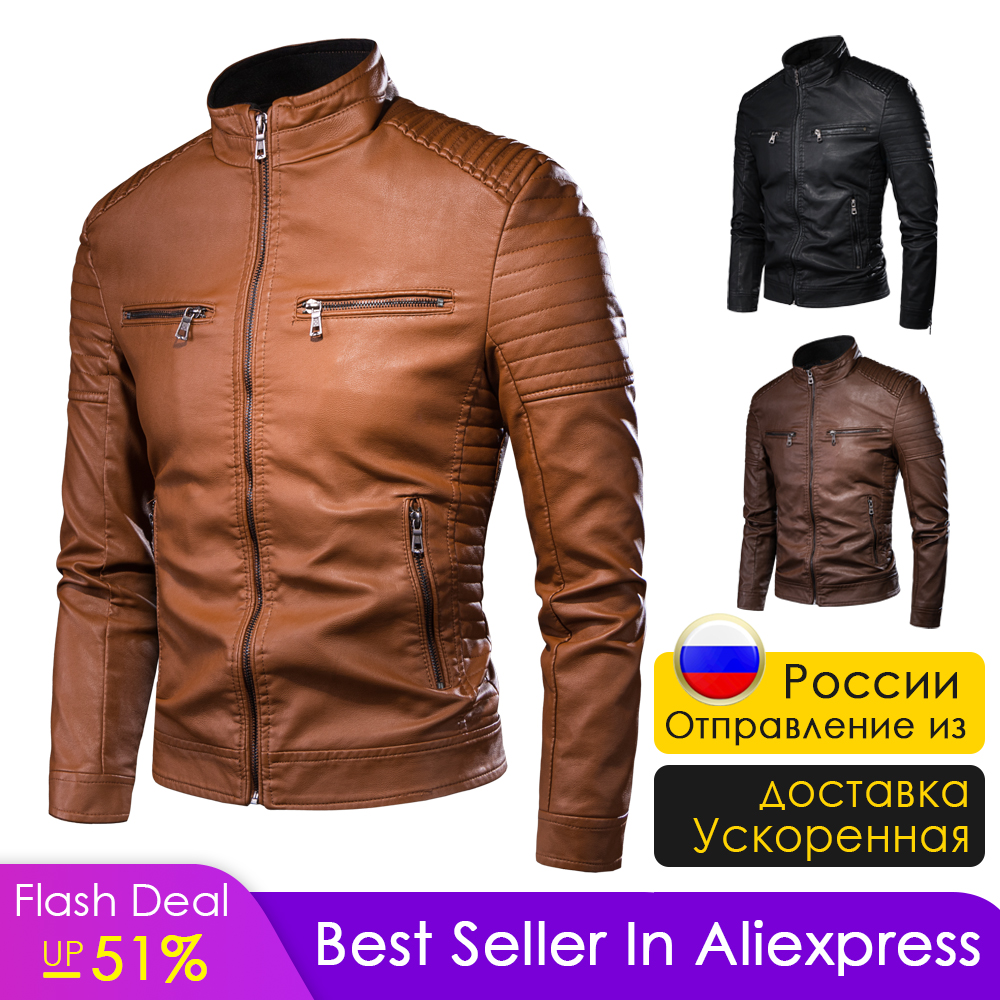 ZREZ Men Autumn  Causal Vintage Leather Jacket Coat Men Spring Outfit Design Motor Biker Pocket PU Leather Jacket Men