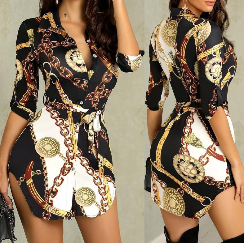   Women's Summer Long Blouse  Chain Print Stand Collar Shirt Autumn Casual Clothes