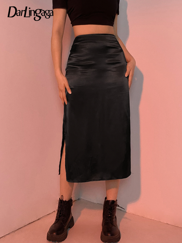 Darlingaga Vintage Brown High Waist Skirt Female Harajuku Satin Long Skirt Side Split Ladies Summer Skirts Gothic Clothes