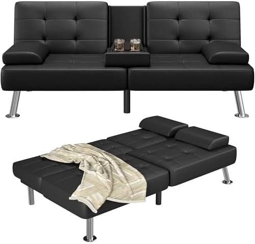 Furmax Futon Sofa Bed Adjustable Futon Couch Sleeper Sofa Bed for Living Room, Business Office, Recliner Sofa with Cup Holders (PU Leather, Black)